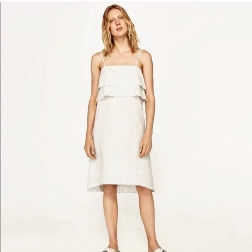 Asymmetrical ruffle top pin stripe dress